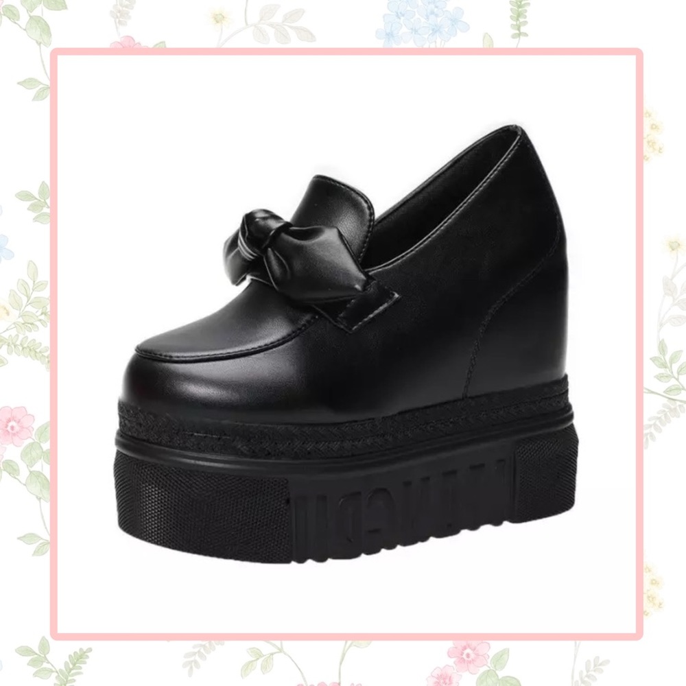 🍒 HIGH WEDGE SHOE PLATFORM BLACK KAWAII PLEATHER LIGHT PETITE FASHION GIRL HEEL